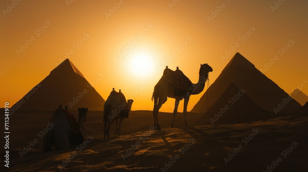 Fototapeta premium Silhouettes of camels against the background of the pyramids.