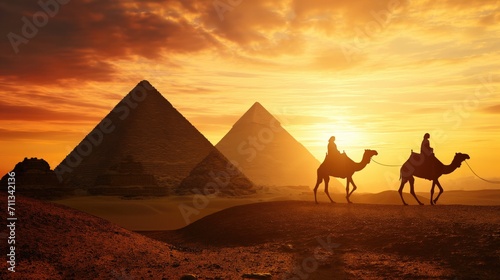 Silhouettes of camels against the background of the pyramids.