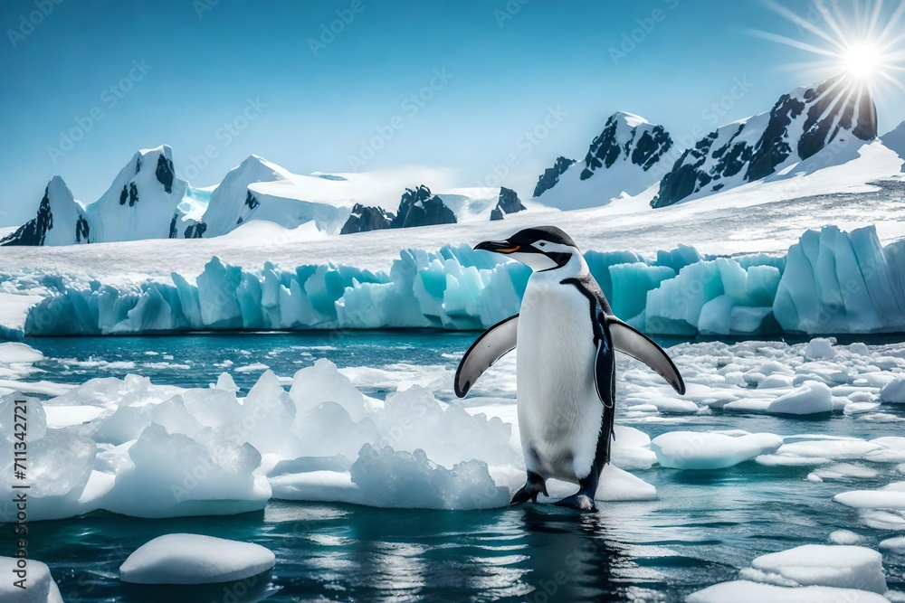 Immerse yourself in the icy serenity of Antarctica, where a lone chinstrap penguin graces the beach with its presence.
