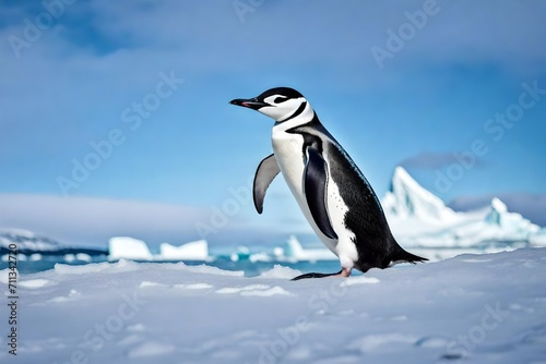 Capture the soul-stirring beauty of a chinstrap penguin against the vast and untouched backdrop of an Antarctic beach.