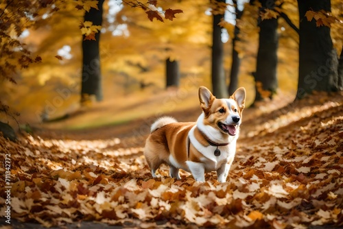 Elevate your mood with the infectious happiness of a Welsh Corgi Pembroke, enjoying the crisp autumn air amidst a blanket of fallen leaves.