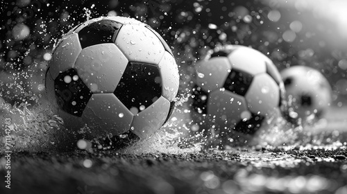 Black and white soccer and football ball in the field. Horizontal sport theme poster, greeting cards, headers, website and app © Danish
