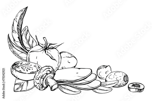 Hand drawn vector ink illustration. Tomato champignon mozzarella cheese basil herb leaves fresh products meal. Corner frame isolated on white. Restaurant menu, cafe, food shop or package, flyer, print