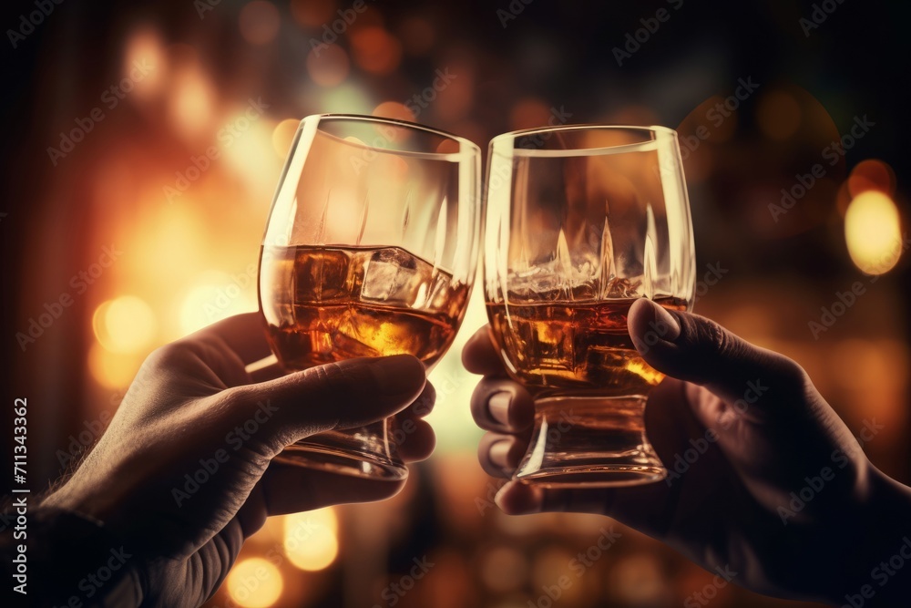 Hands celebration toast whiskey glasses. Clinking jubilant party meeting beverage. Generate ai