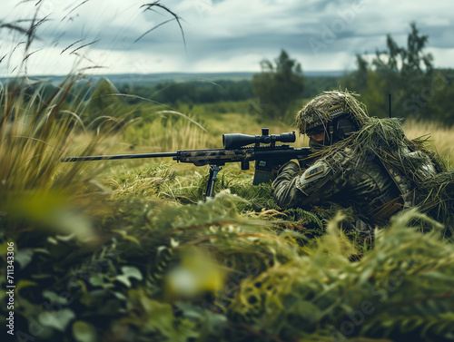 A sniper in camouflage in a field in the early morning.