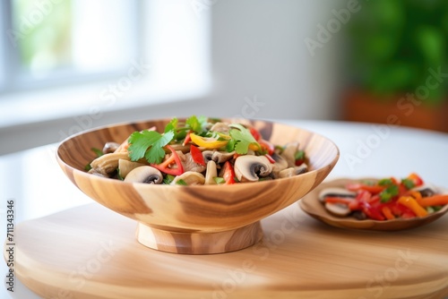 vegetarian mushroom ceviche in wooden bowl on kitchen counter photo