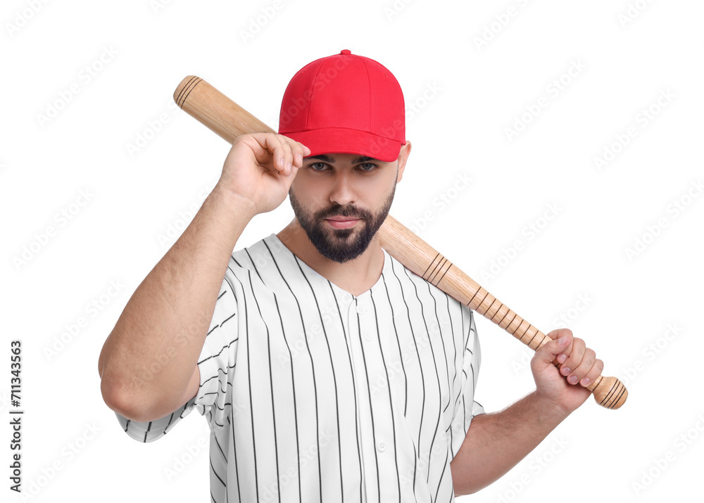 Man in stylish red baseball cap holding bat on white background Man in stylish red baseball cap holding bat on white background
