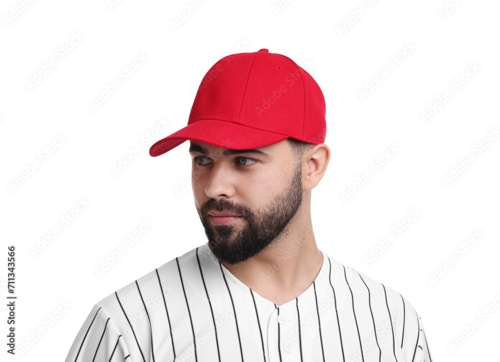Man in stylish red baseball cap on white background Man in stylish red baseball cap on white background