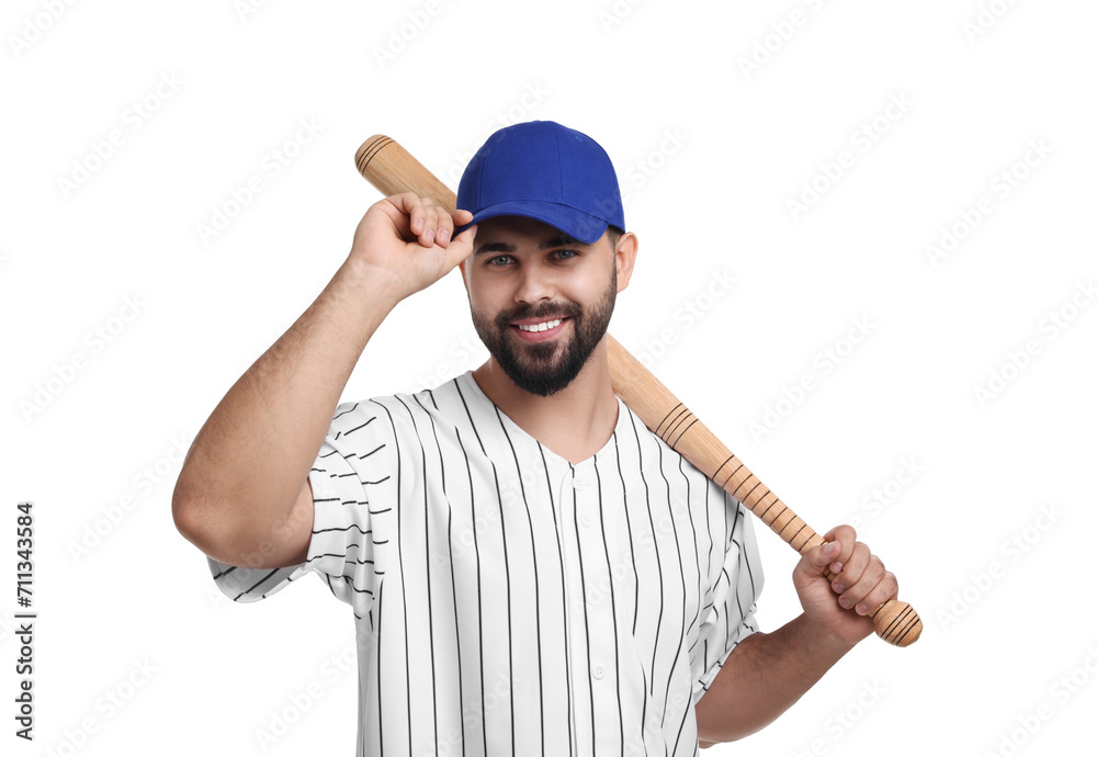 Man in stylish blue baseball cap holding bat on white background Man in stylish blue baseball cap holding bat on white background