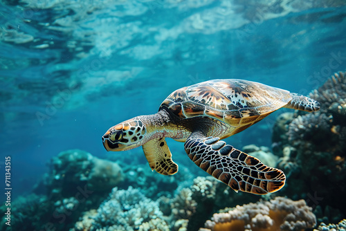Hawksbill turtles swim gracefully in the ocean.