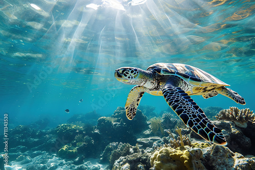 Hawksbill turtles swim gracefully in the ocean. © Digitalphoto 4U