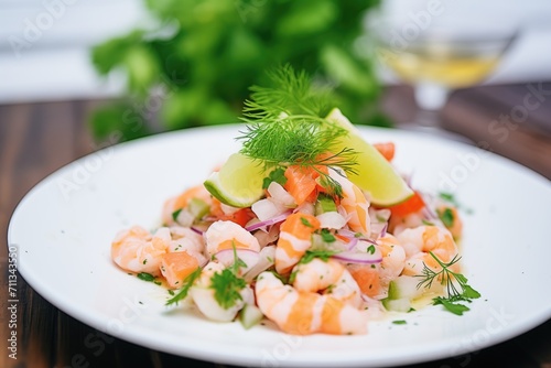 pile of fresh lime-marinated shrimp ceviche on plate with cilantro photo