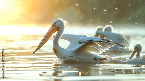 A family of pelicans gliding gracefully above the water's surface