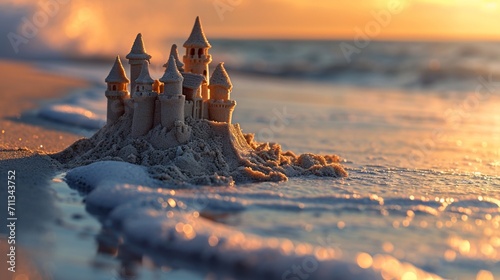 A collection of sandcastles along the waterline