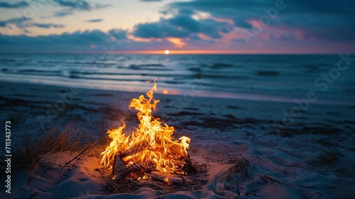 A beachside bonfire with the soothing sound of crackling flames
