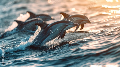 A group of playful dolphins frolicking near the water's edge