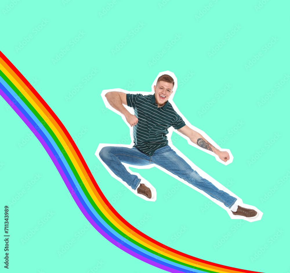 Pop art poster. Happy man jumping near rainbow on aquamarine background
