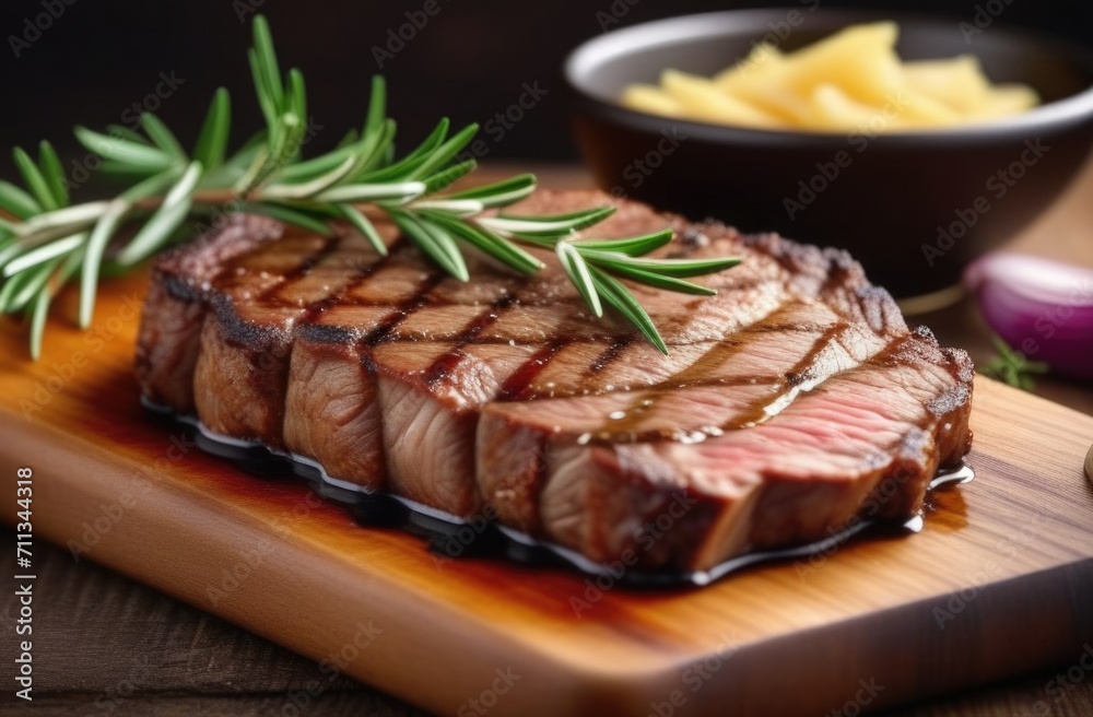 a piece of meat on a wooden board. rosemary steak.