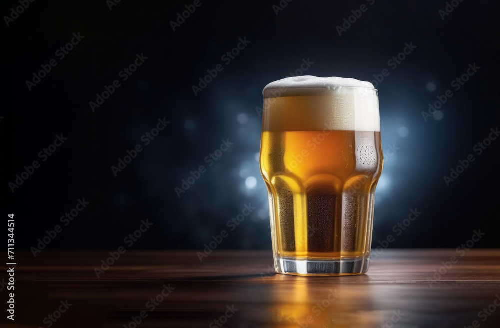 A glass of beer on a dark blurred background. Beer place for text