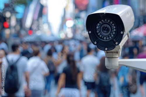 CCTV AI facial recognition camera zoom in recognizes person in crowd