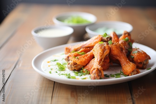 spicy buffalo wings with a side of ranch dressing