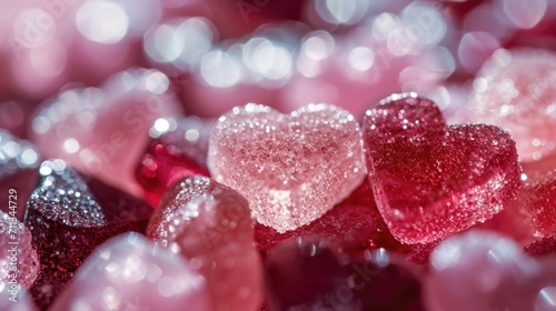 festive background with marmalade hearts, holiday and valentine's day concept. Red heart shaped jelly candies