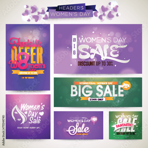 Set of Social Media Banner, Header and Poster Design for Happy Women's Day Sale.