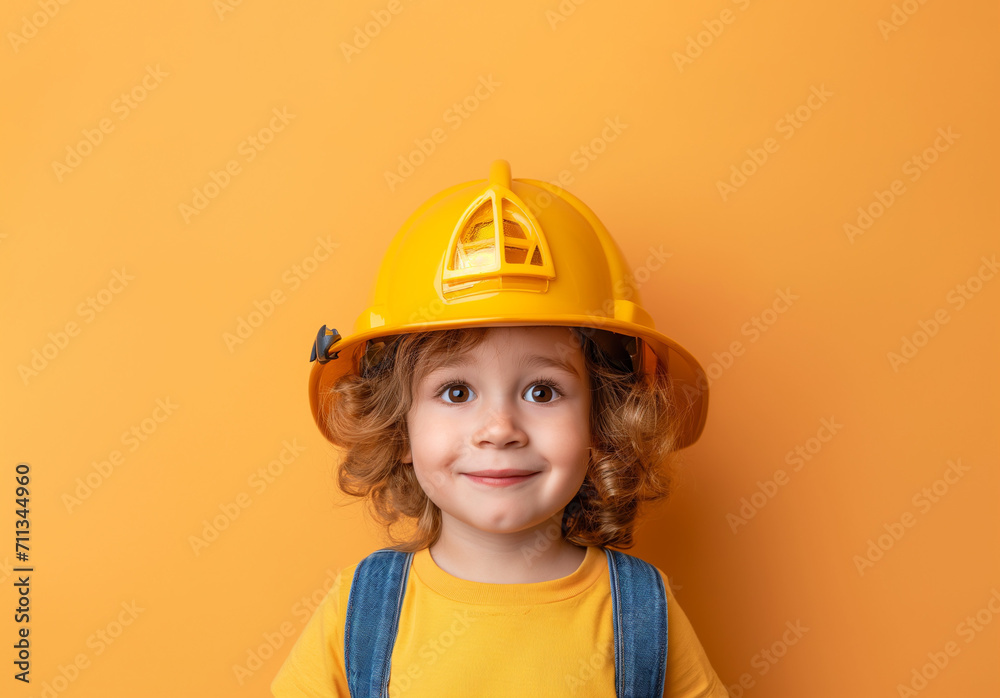 Child wearing firefighter outfit like the firefighter isolated on orange background, conceptual of imagination and dream career, generative AI Child wearing firefighter outfit like the firefighter isolated on orange background, conceptual of imagination and dream career, generative AI