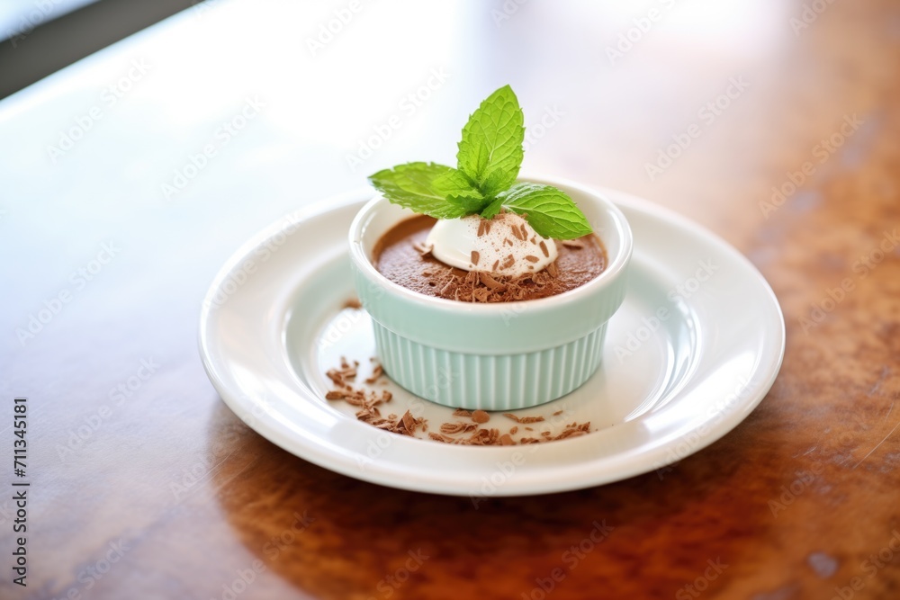 chocolate mousse in a white bowl with a mint leaf on top chocolate mousse in a white bowl with a mint leaf on top