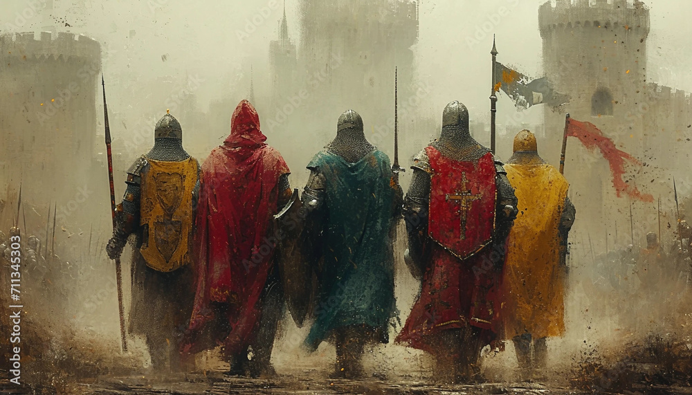 A Painting of a Row of Medieval Holy Warriors Wearing Colorful Tabards Marching Towards a Fortress - obrazy, fototapety, plakaty 