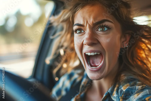 Road accident, female driver screaming in panic. Close-up of a young woman driving a car, shock and fear emotion on face photo