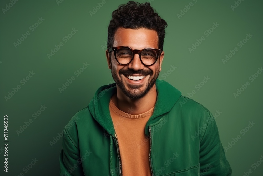 Portrait of a smiling young man in green jacket and glasses, over green background. Portrait of a smiling young man in green jacket and glasses, over green background.