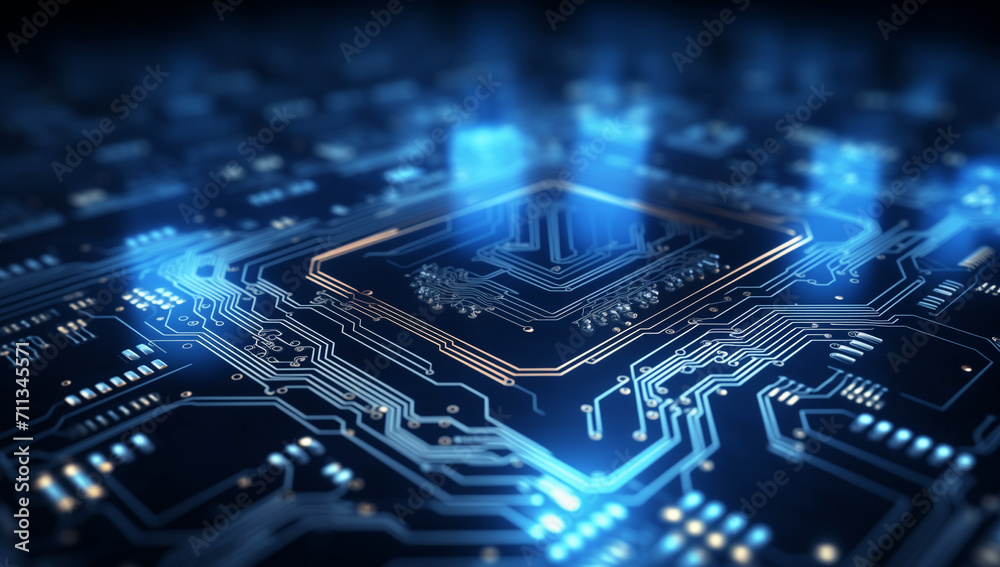 electronic circuit board with blue LED light, in the style of geometry-inspired, orton effect, symbolic electronic circuit board with blue LED light, in the style of geometry-inspired, orton effect, symbolic