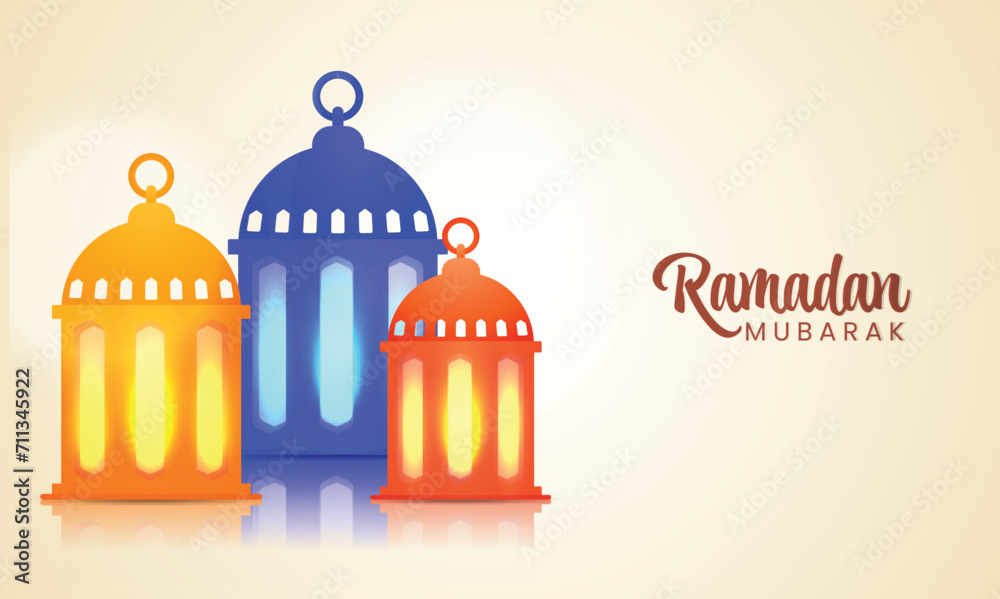  Islamic Holy Month of Ramadan Mubarak Festival Celebration Concept with Colorful Glossy Lantern on White Background.