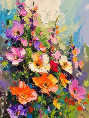 Capture the essence of nature with this floral brushstroke oil painting, featuring muted colors suitable for wall art and printing design.  © Matthew