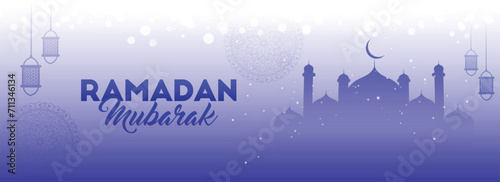 Holy Month of Muslim Community Festival Ramadan Mubarak Header or Banner Design with Silhouette Mosque  Hanging Lantern on  Light Purple Bokeh Mandala Pattern Background.