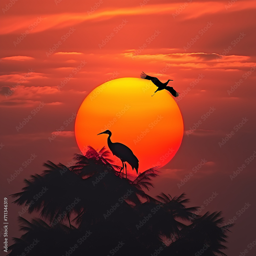 heron on sunset background, heron in sunset, AI image, nature, photography, 4k image, high-resolution image, 