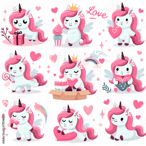 cute unicorn with pink heart for valentine day