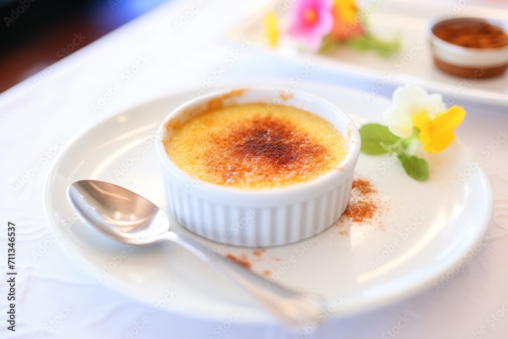 creme brulee with vanilla bean specs on white plate creme brulee with vanilla bean specs on white plate