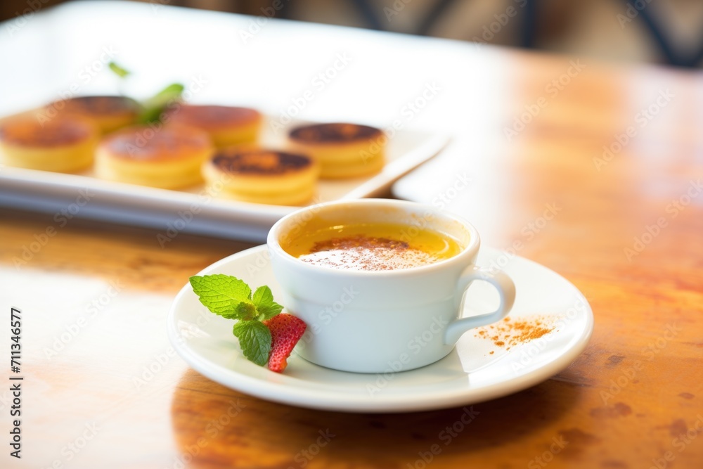 creme brulee served with a cup of espresso creme brulee served with a cup of espresso