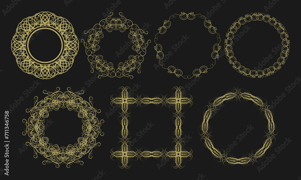Six round gold vintage frames and one square as a bonus. Vector set - obrazy, fototapety, plakaty 