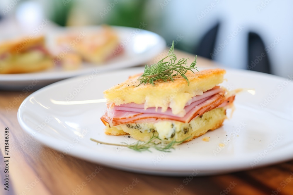 close-up of cut croque monsieur, layers of ham and cheese shown close-up of cut croque monsieur, layers of ham and cheese shown