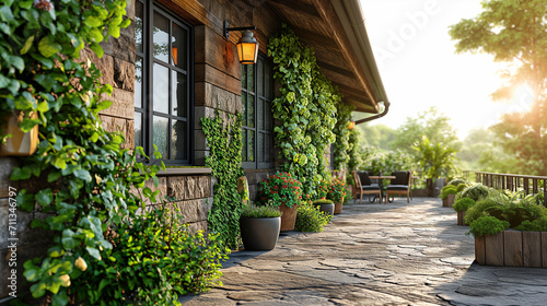cozy house with green plants on the walls. There are chairs on the porch and it's sunny