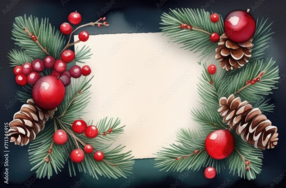 Christmas card with fir branches. Watercolor new year's card copyspace Christmas card with fir branches. Watercolor new year's card copyspace