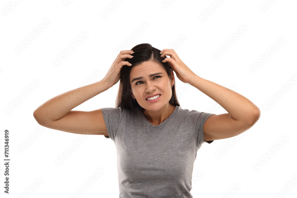 Emotional woman examining her hair and scalp on white background Emotional woman examining her hair and scalp on white background