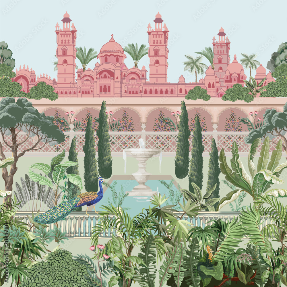 Mughal garden with peacock, plants, tree, palace illustration pattern
