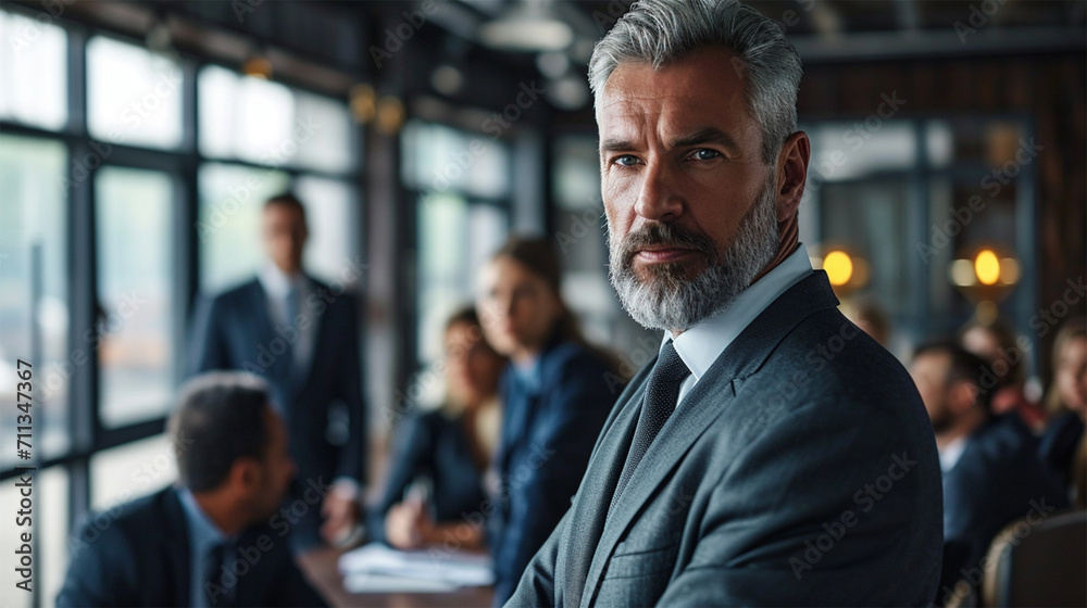 Focused mature businessman on background of office and colleagues in modern office building. Focused mature businessman on background of office and colleagues in modern office building.