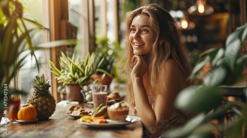 smiling young woman eating healthy food in a restaurant.diet and eating concept