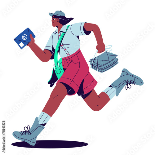 Express delivery concept. Postman with mail bag carries postal envelopes, letters. Mailman running, hurries to deliver post, newspapers, packages. Flat isolated vector illustration on white background