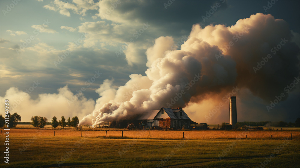 Obraz premium a column of smoke rises into the air from a barn or house in a field .